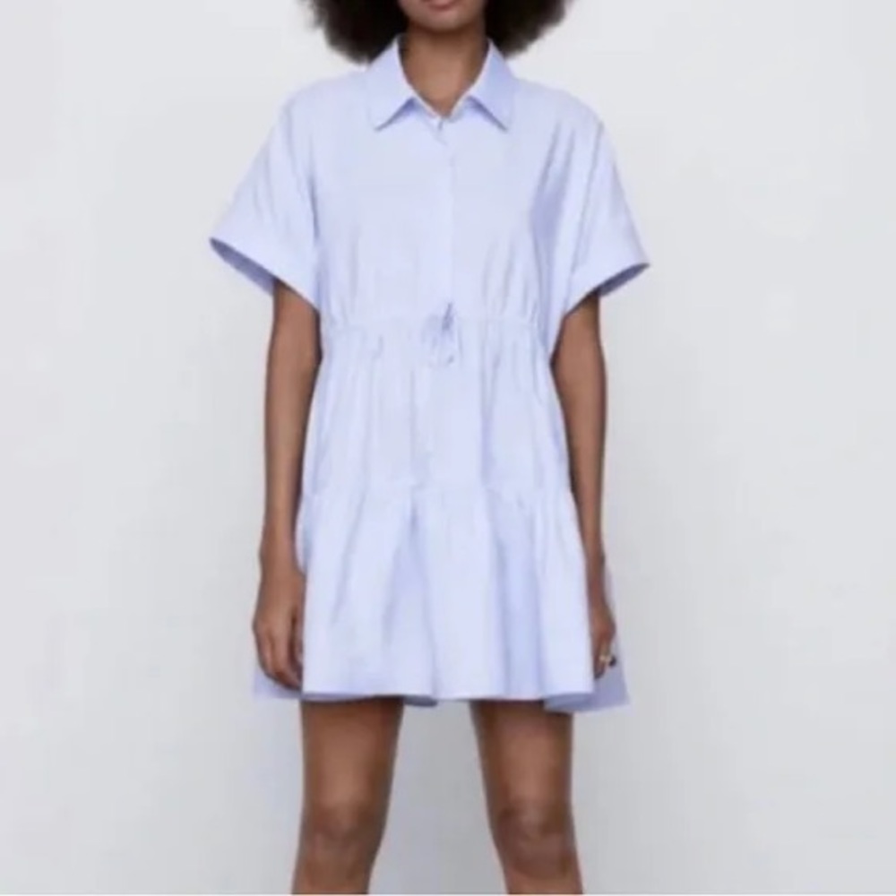 Zara Oxford blue button down mini shirt dress size small